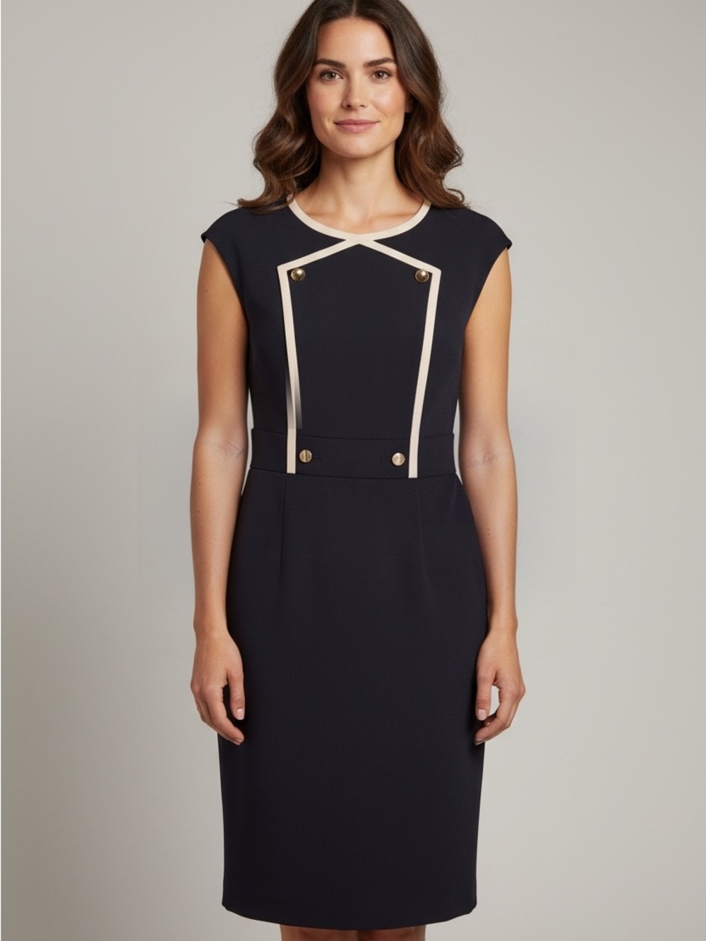 Karen Millen Navy Sheath Dress with Cream Trim